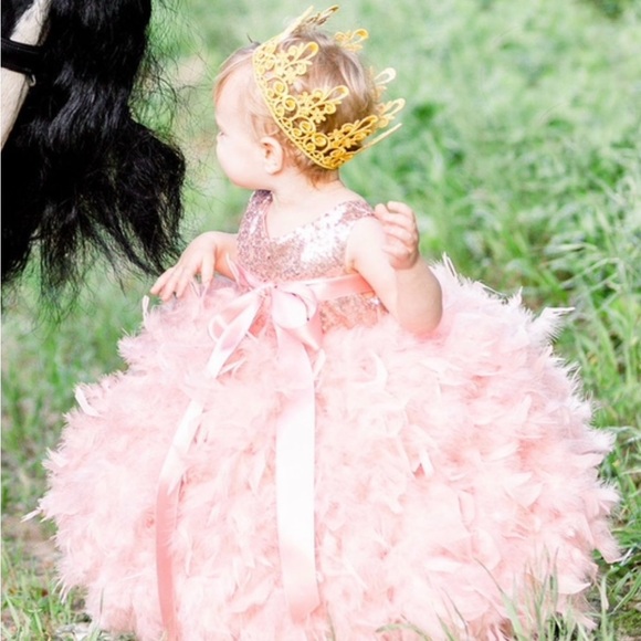 Pink Feathered Dress princess ball sequin photoshoot flower pageant crown lace - Picture 3 of 11